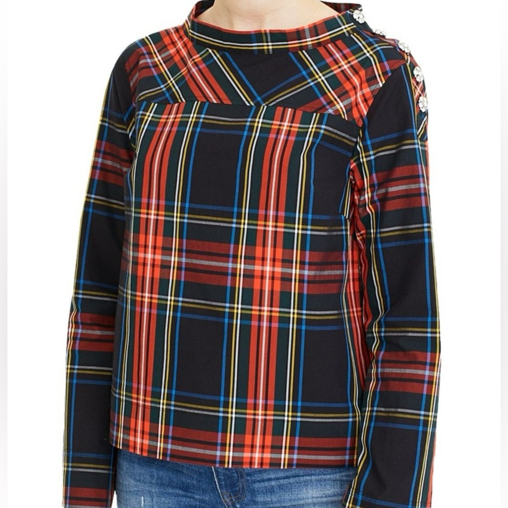 J. Crew Funnelneck Shirt Stewart Tartan Plaid Jeweled Buttons Top Blouse 4 FLAW*